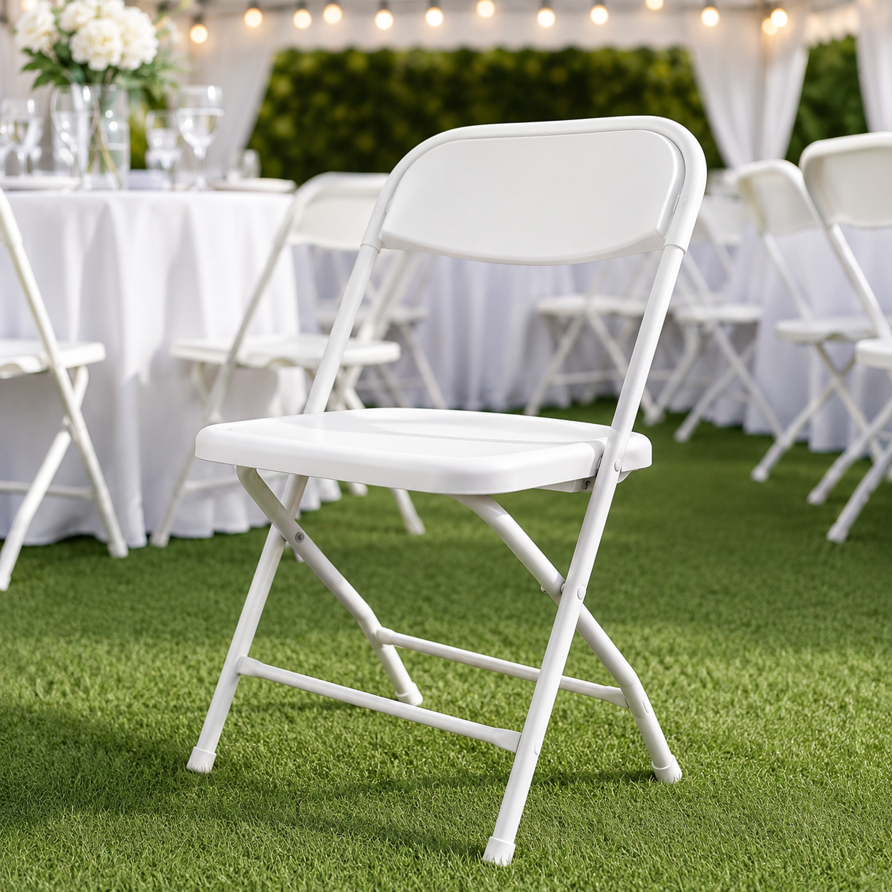 Stack of white plastic folding chairs available for rent