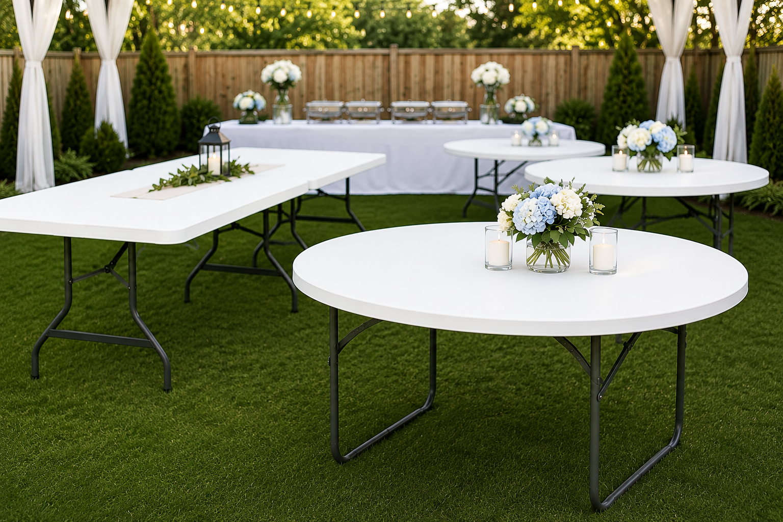 White plastic folding tables — 6ft and 8ft rectangular options for parties